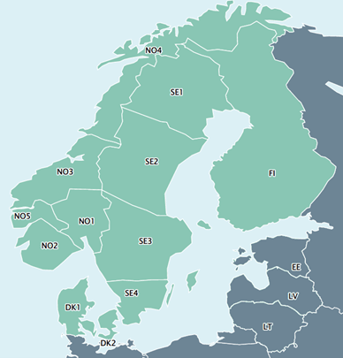 The Nordic power market: 4 countries and 12 bidding zones (map from www.nordpoolgroup.com/maps) 