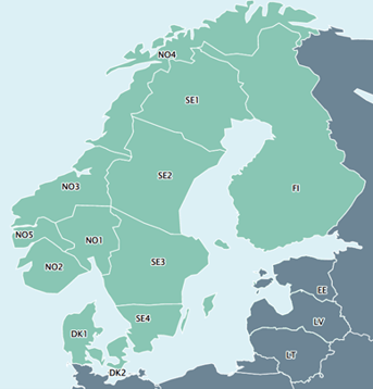 The Nordic power market: 4 countries and 12 bidding zones (map from www.nordpoolgroup.com/maps)