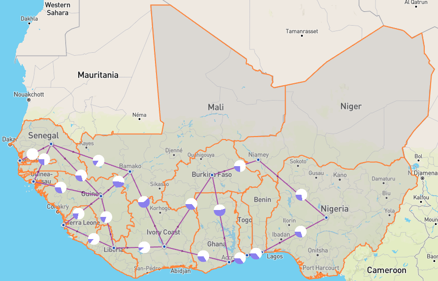 Figure 2: Map of the WAPP interconnected system as expected by 2023 (extracted from Energy Exemplar’s Cloud Platform). The pie charts represent the lines’ average load factors on a given month. Values are for illustration purposes only.