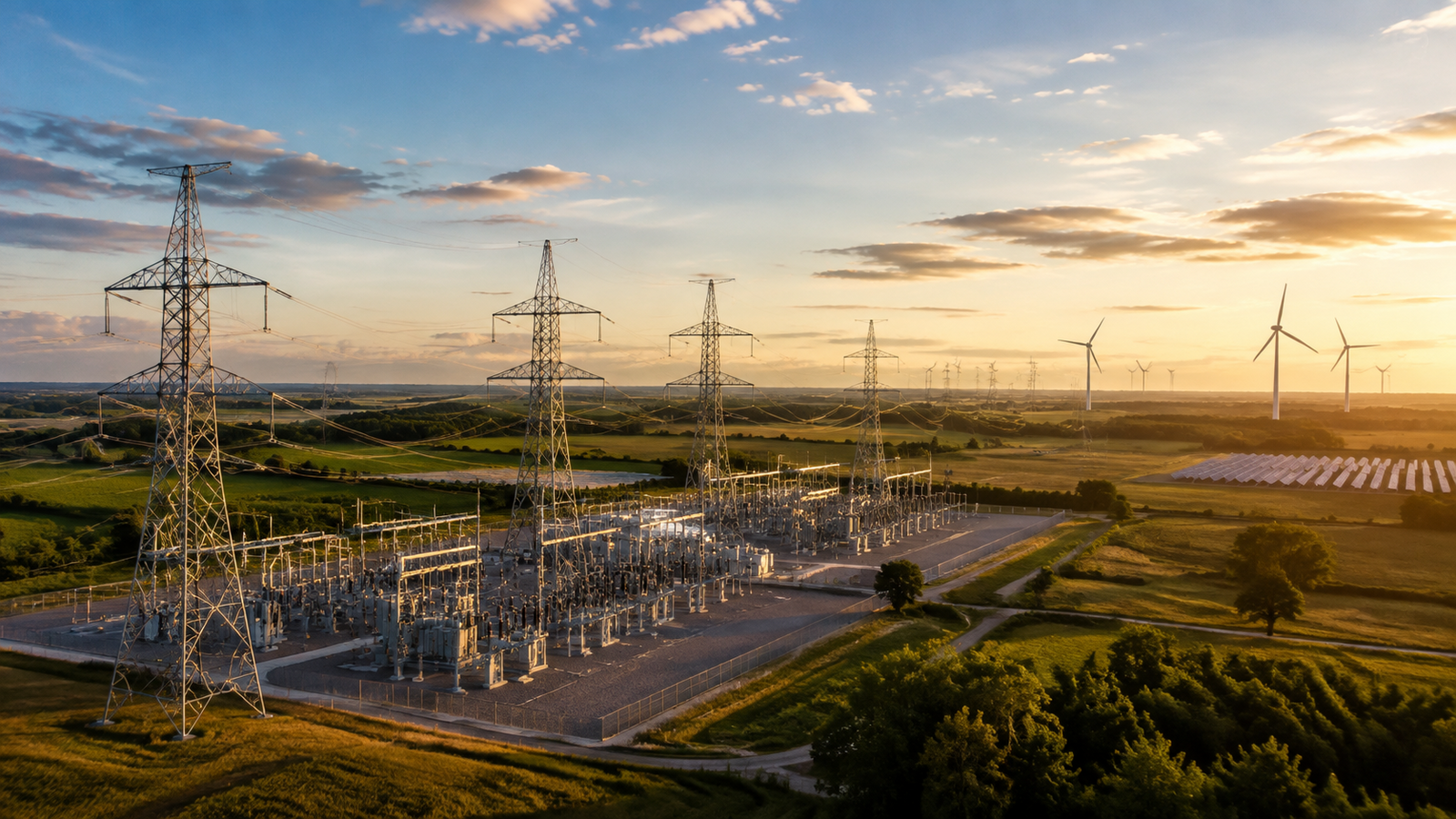 Transmission lines and a substation alongside wind turbines and solar panels at sunset